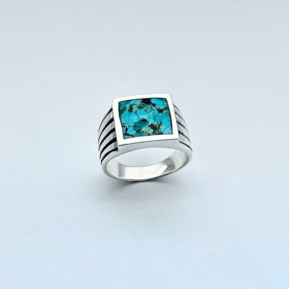 Sterling Silver Heavy Unisex Genuine Turquoise Ring, Statement Stone Rings - Picture 7 of 14